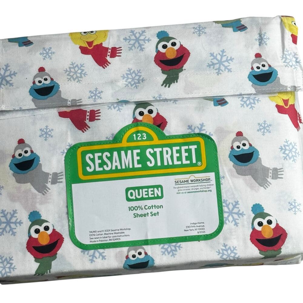 Sesame Street Winter Wonderland  Queen 100% Cotton Sheet 4 Piece Set NWT